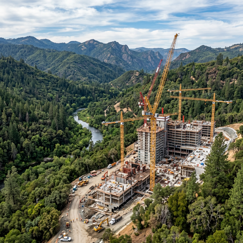 Large multi-story building under construction with cranes in a green mountainous landscape